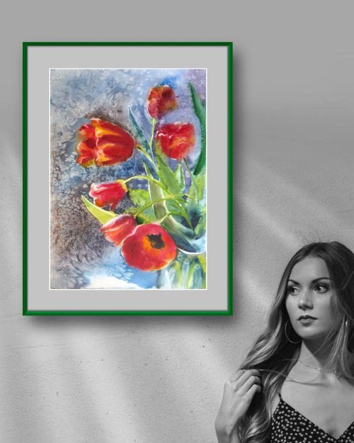 Red Tulips Watercolor Painting Expressive and Loose Floral Art by Ion Sheremet