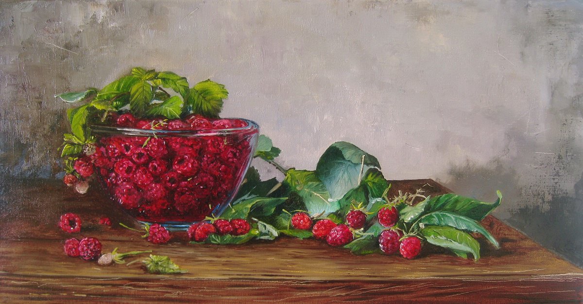 Impressionistic Still Life Oil Painting By Natalia Shaykina, 22 X 12", Raspberry Delight Essence, Original Artwork