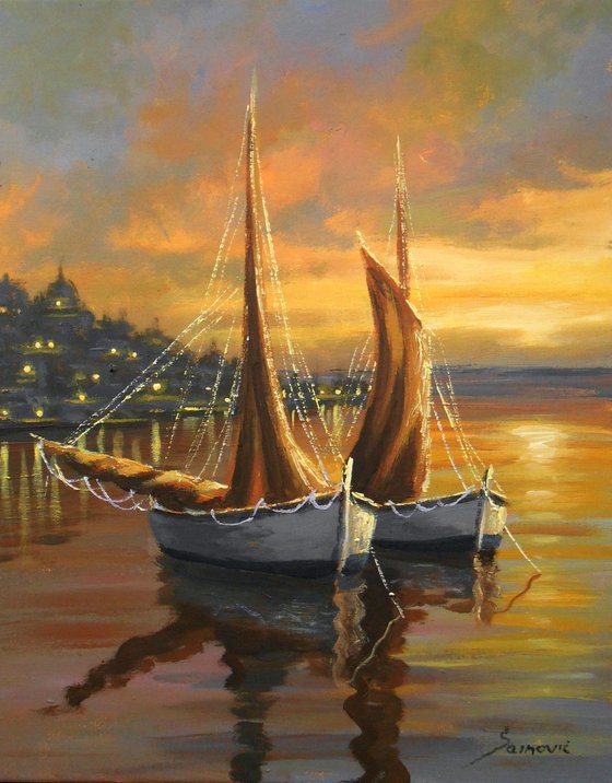 Old harbor II, seascape original impressionism, boats, fine art