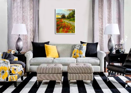 POPPY FIELDS (Modern Impressionistic Landscape Oil Painting, Gift for nature lovers)