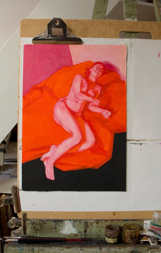 modern portrait of a nude woman in red pink and black
