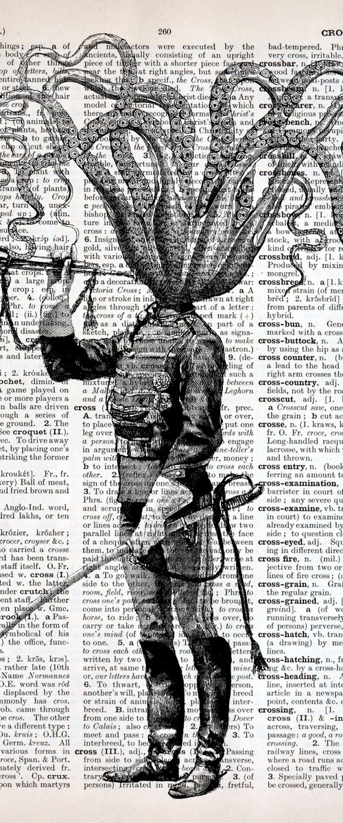 Octopus Soldier - Collage Art Print on Large Real English Dictionary Vintage Book Page by Jakub DK - JAKUB D KRZEWNIAK