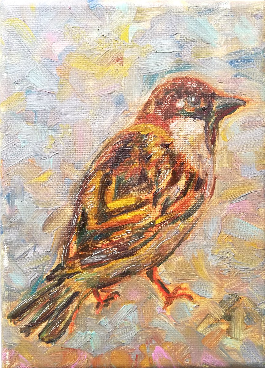 Sparrow Portrait | Bird Painting Original Canvas Hand-painted Oil Miniature by Katia Ricci