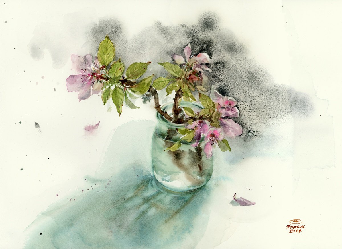 Impressionistic Still Life Watercolour By Tatyana Tokareva, 16 X 12", Apple Blossoms., Original Artwork