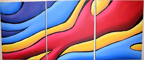 triptych abstract original wall canvas art graffiti bright bold colour painting 60 x 28" by Stuart Wright