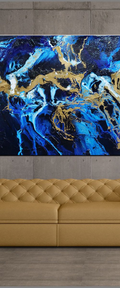 Midnight Gold Rush 190cm x 100cm Blue Gold Abstract Art by Franko