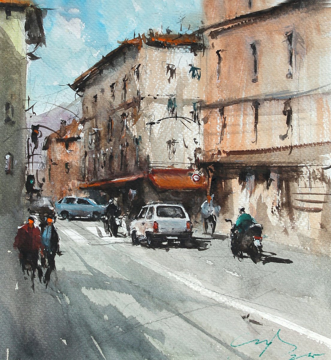Impressionistic Cityscapes Watercolour By Maximo Damico, 9 X 10", Napoli City Life, Original Artwork