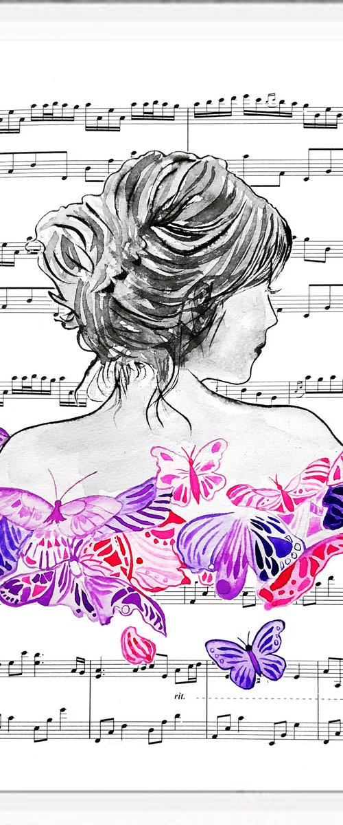 Music flies, watercolor on sheet music by Luba Ostroushko