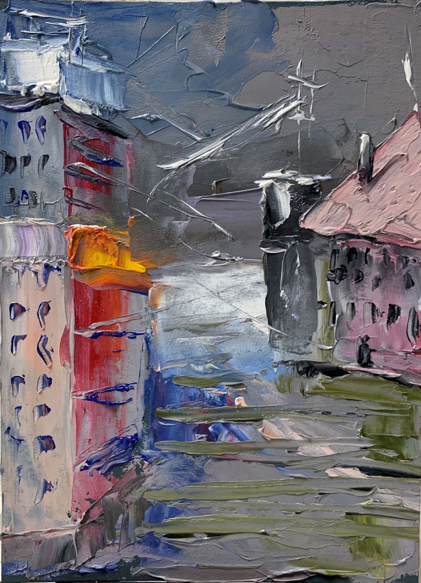 Abstract city. Cityscape. Original impasto, Palette knife oil painting. by Vita Schagen