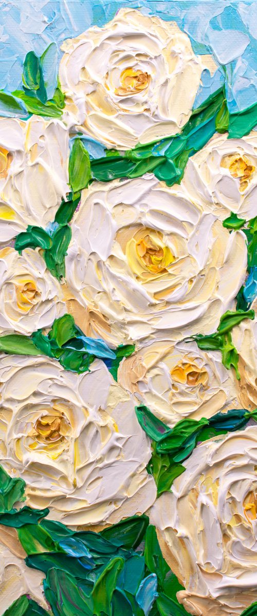 White Roses - Heavy Impasto Floral Painting, Palette Knife Art by Olga Tkachyk