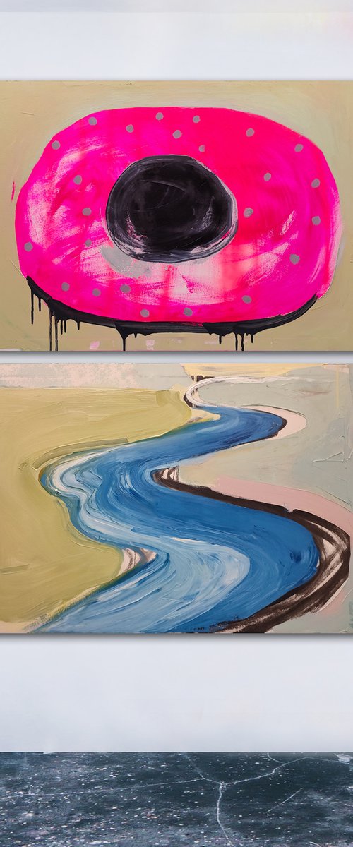 Oil painting, canvas art, stretched, "My way 16". Size: diptych 2x 39,4/ 27,6 inches (2x100/70cm). by Kariko ono