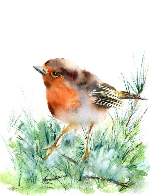 Bird on the Green Branch- watercolor painting by Olga Shefranov (Tchefranov)