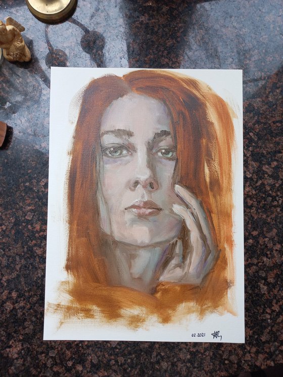 Waiting. Woman portrait. Etude style. 38 x 27 cm/ 15 x 10.6 in