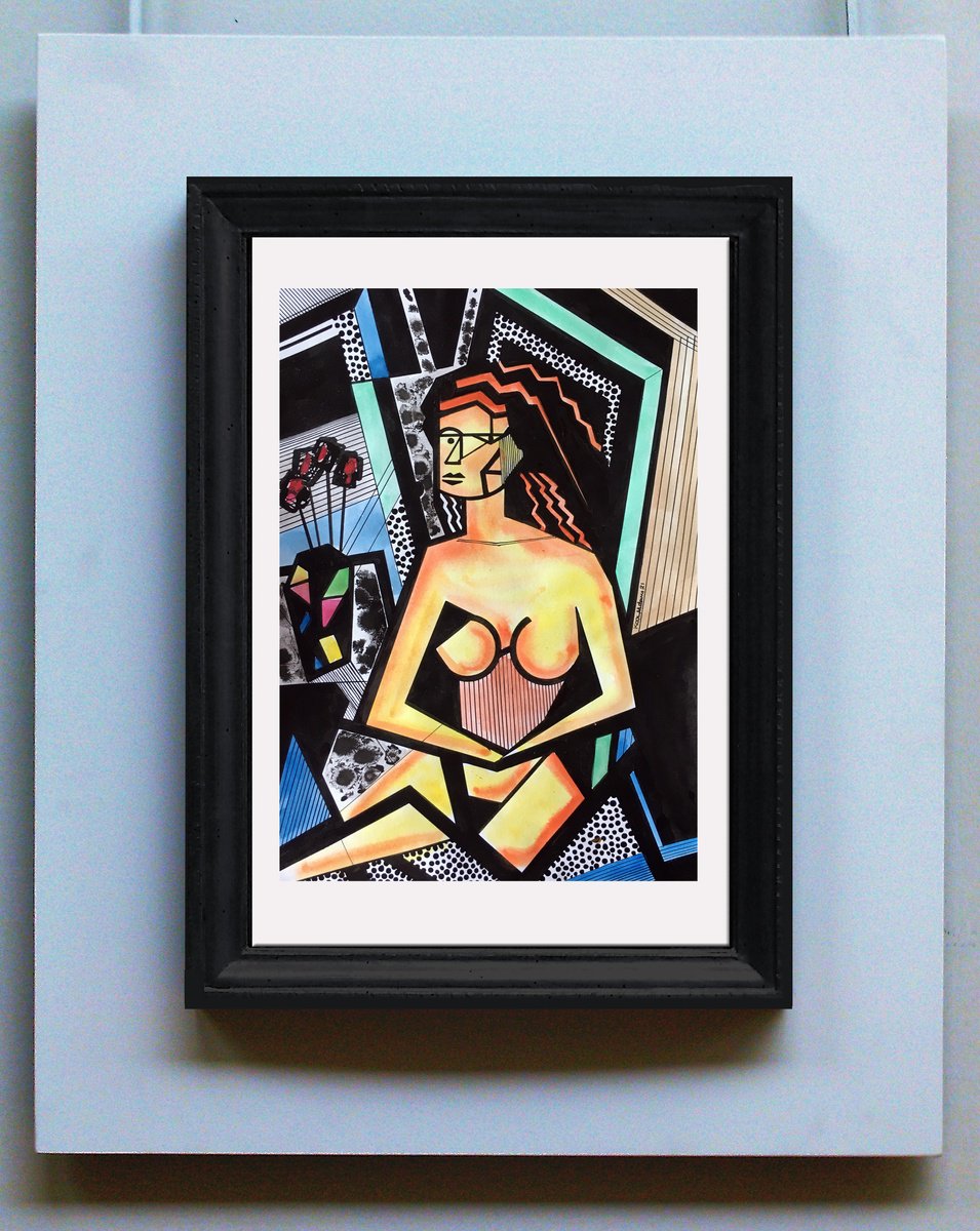 Illustrative Acrylic Painting , Seated Nude By Koola Adams, 12 X 17, Artwork For Sale On Artfinder