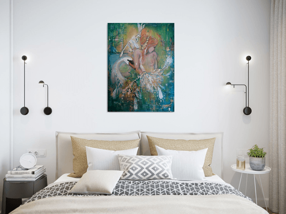 "Leda and the swan", original Mixed Media painting, 80x60x2cm