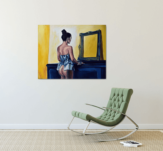 THE MIRROR - 100 x 80 cm, large oil painting, yellow and blue, naked woman