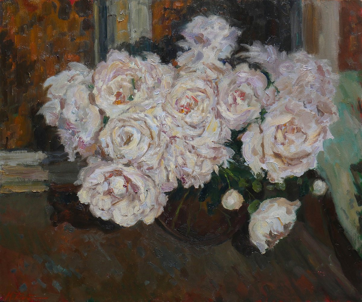 The Peonies Near The Night Window - peonies still life painting by Nikolay Dmitriev