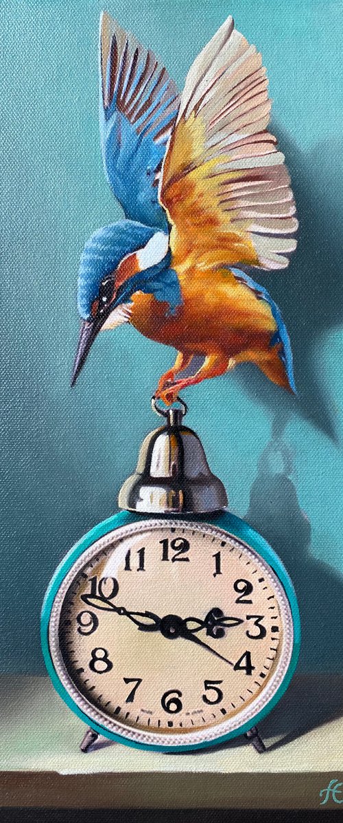 Still life with bird and clock (24x35cm, oil painting, ready to hang) by Ara Gasparian