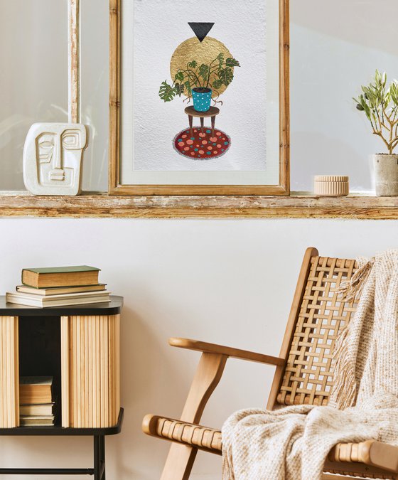 Plants lover's interior - original painting with gold potal on handmade paper