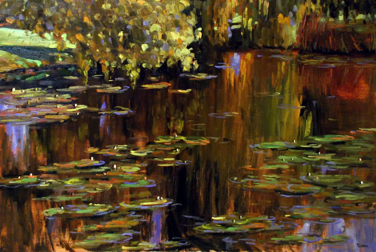 Impressionistic Landscape Oil Painting By Yuanyuan Liu, 35 X 24", Lotus Leaves, Original Artwork
