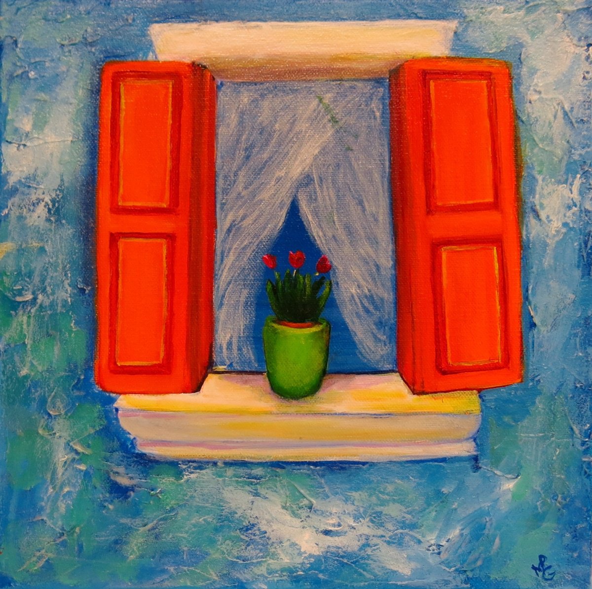 Impressionistic Still Life Acrylic Painting By Maureen Greenwood, 12 X 12", Colourful Window In Burano 2, Original Artwork