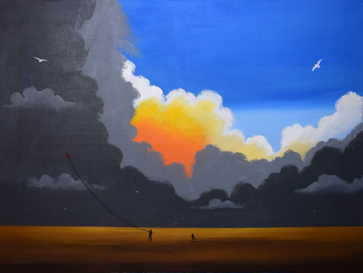 Impressionistic Landscape Acrylic Painting By Stuart Wright, 40 X 30", Day Of The Kite, Original Artwork