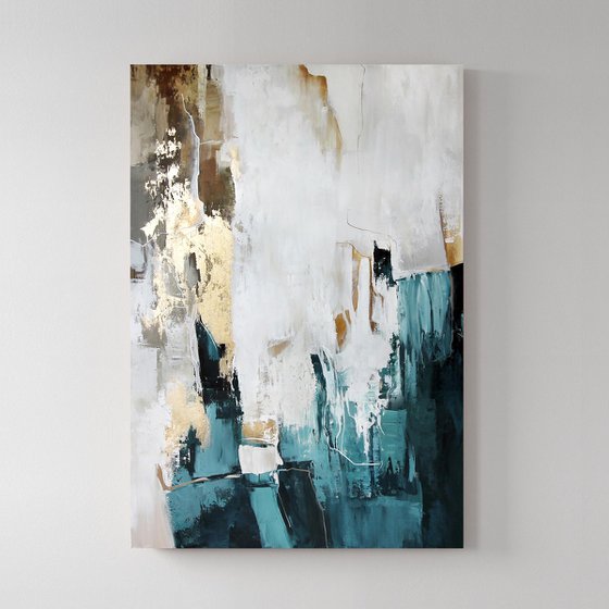 "Teal bloom 2" Teal gold cream abstract art