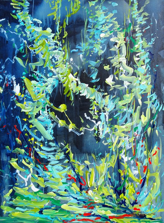 Abstract Floral Original Painting on Canvas. Blue White Flowers, Forest, Lake, Lily Pond.  46x61cm Modern Impressionism  Art