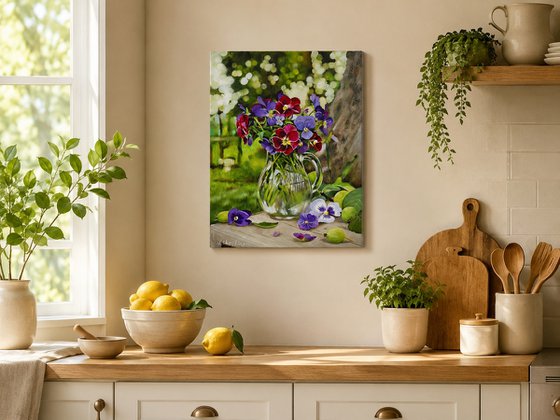Pansies in Glass Jug