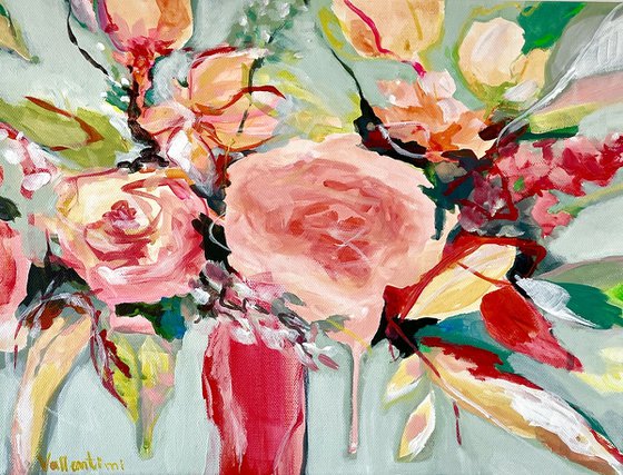 GREENS 'N' ROSES - 40 X 30 CM - FLORAL PAINTING ON CANVAS *RED *GREEN