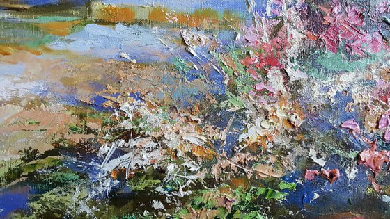 Summer evening in Greece - summer landscape, original oil painting