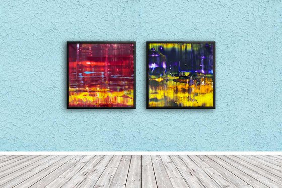 "The Bold And The Beautiful" - Save As A Series - Original PMS Abstract Diptych Oil Paintings On Plexiglass, Framed - 52" x 26"