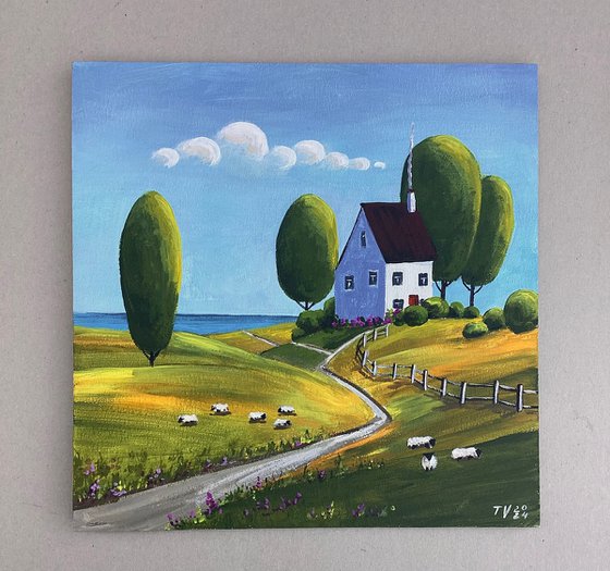 Country summer landscape. Acrylic painting. 8x8