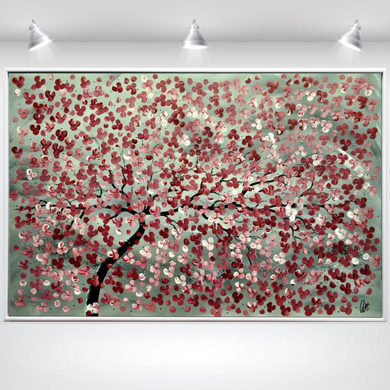 Romantic  acrylic abstract painting cherry blossoms nature painting framed canvas wall art