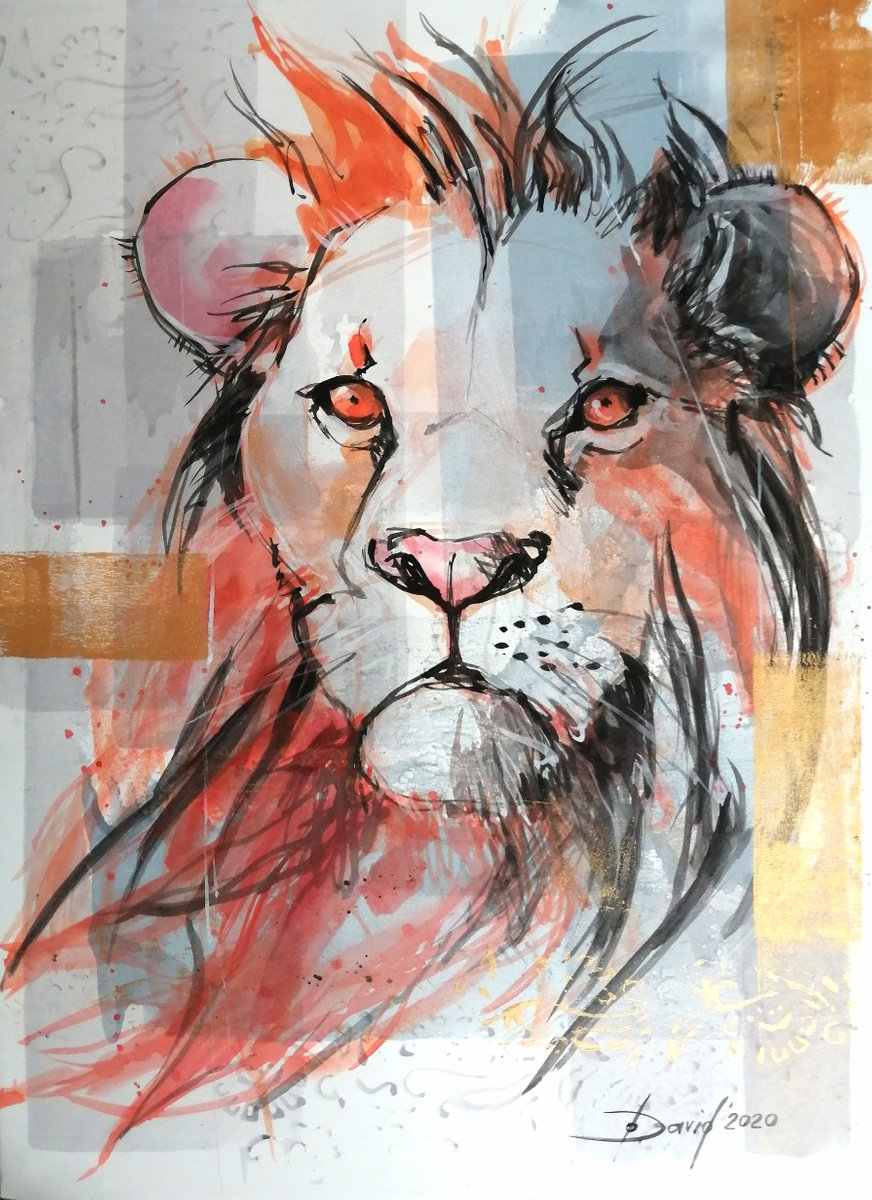 Illustrative Animal Ink Drawing By Olga David, 14 X 20", Lion - King Of The Animals, Original Artwork