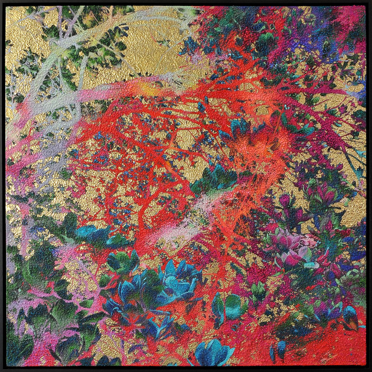 Landscape Painting By Karin Vermeer, 41 X 41", Coral & Gold Magnolia, Original Artwork