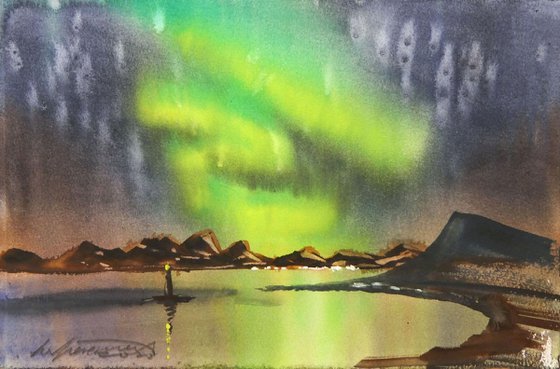 Northern Lights Watercolor Painting Aurora Borealis