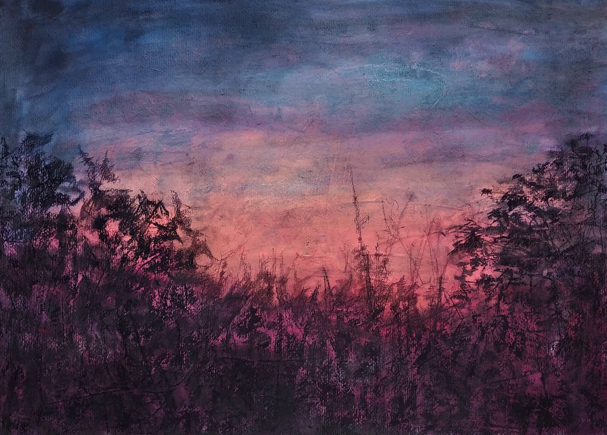 Expressive Landscape Painting By Sbboursot, 28 X 20", Twilight Sky 3, Original Artwork