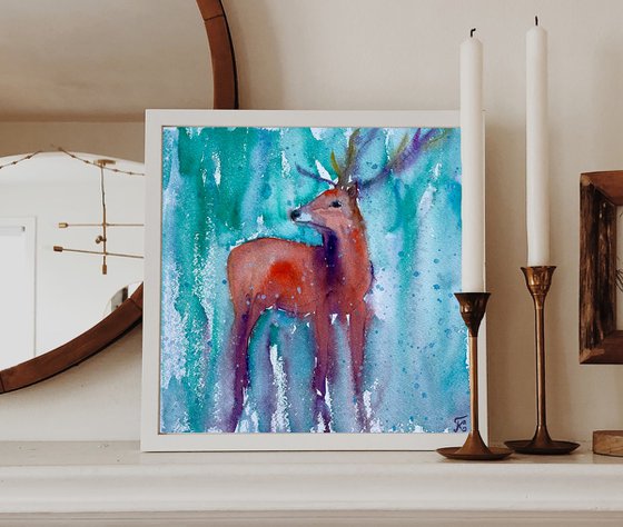 Christmas Deer Watercolor Painting, Snowy Original Artwork, Winter Wall Art, Cozy Hygge Home Decor, Christmas Gifts, Nursery Decor