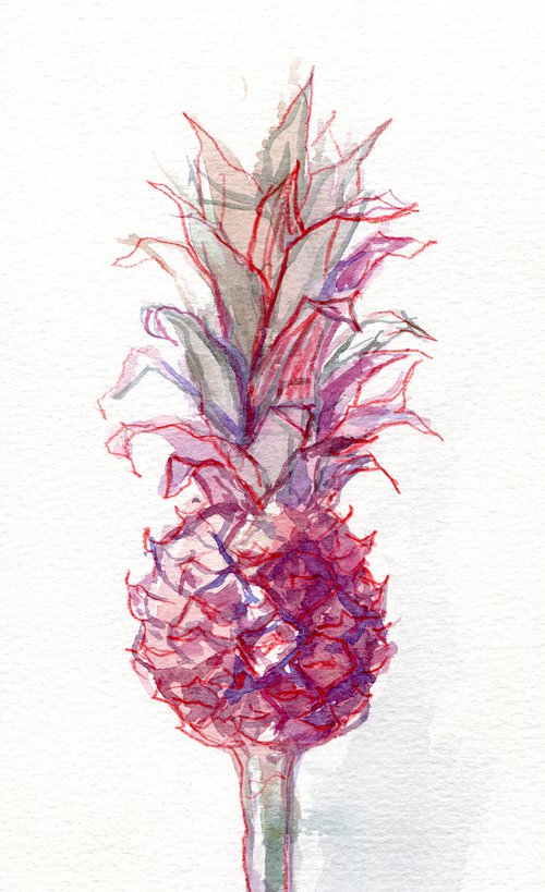 Watercolor painting of pink decorative ananas in bottle by Liliya Rodnikova