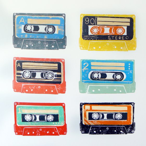 Linocut tapes #24 Framed and ready to hang (cassette tapes, retro music, 70's, 80's rock culture)