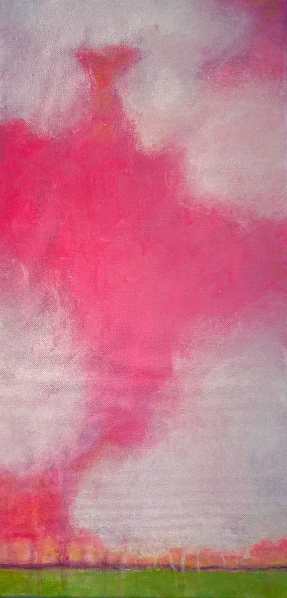 Impressionistic Landscape Acrylic Painting By Kate Marion Lapierre, 10 X 20", Hot Pink Sunset, Original Artwork