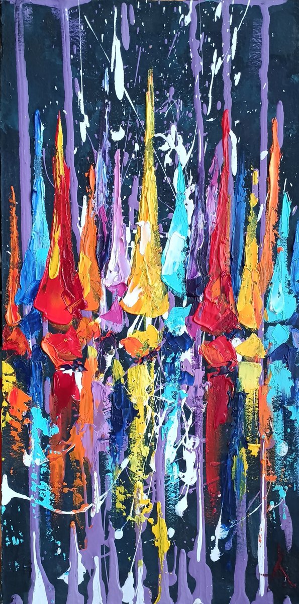 Impressionistic Transport Oil Painting By Anastasia Kozorez, 8 X 16, Yacht Racing In Bright Colors, Original Artwork