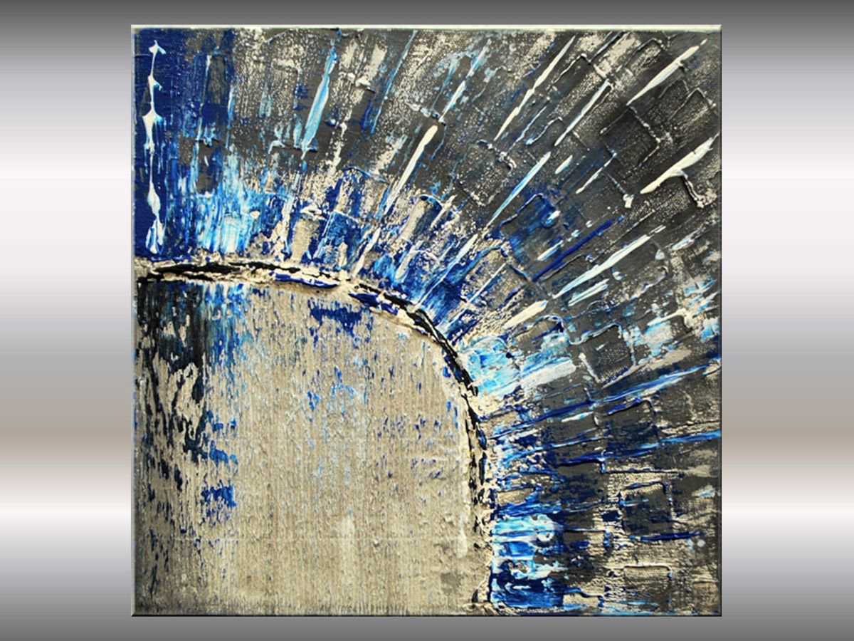 Silver Sun - abstract acrylic painting blue silver deep textured canvas art wall art ready... by Edelgard Schroer