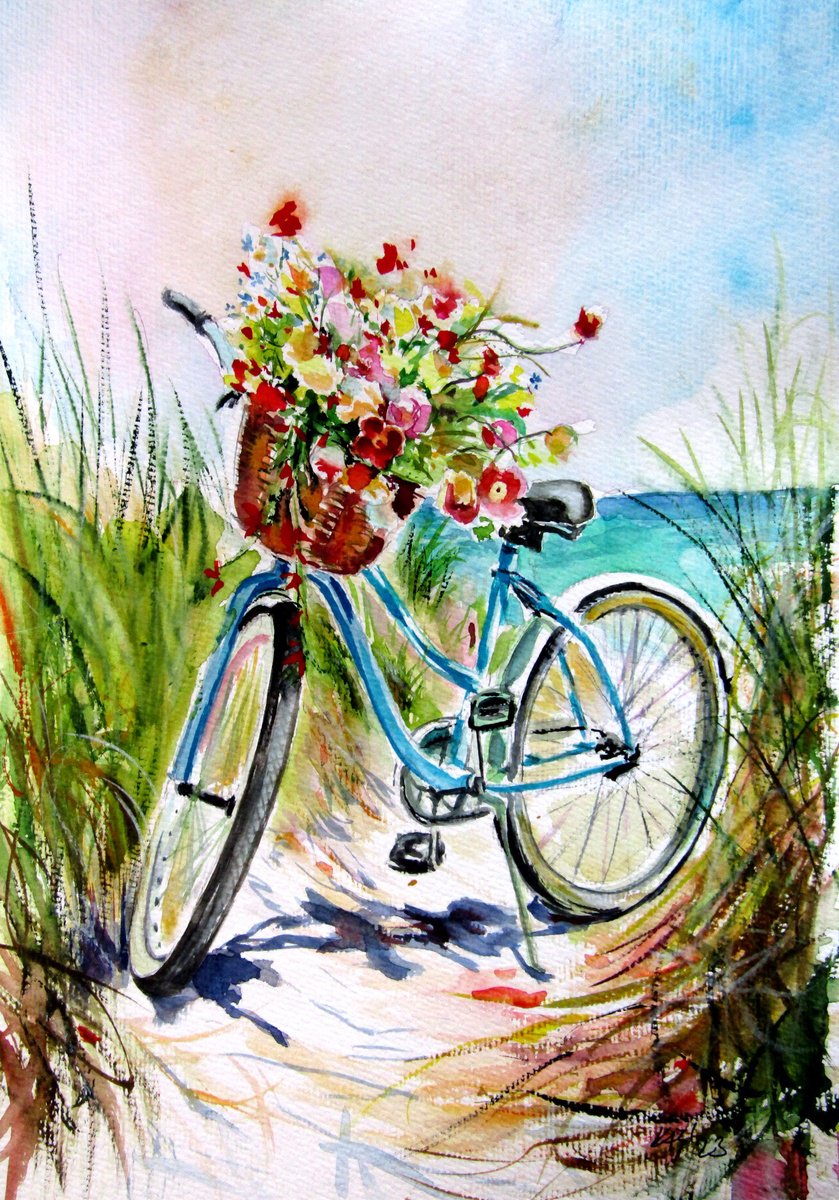 Impressionistic Watercolour , Colorful Bouquet With Bycicle By Kovacs Anna Brigitta, 10 X 14, Artwork For Sale On Artfinder