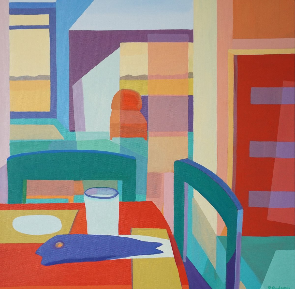 Geometric Oil Painting , Interior With Blue Fish By Patty Rodgers, 24 X 24, Artwork For Sale On Artfinder