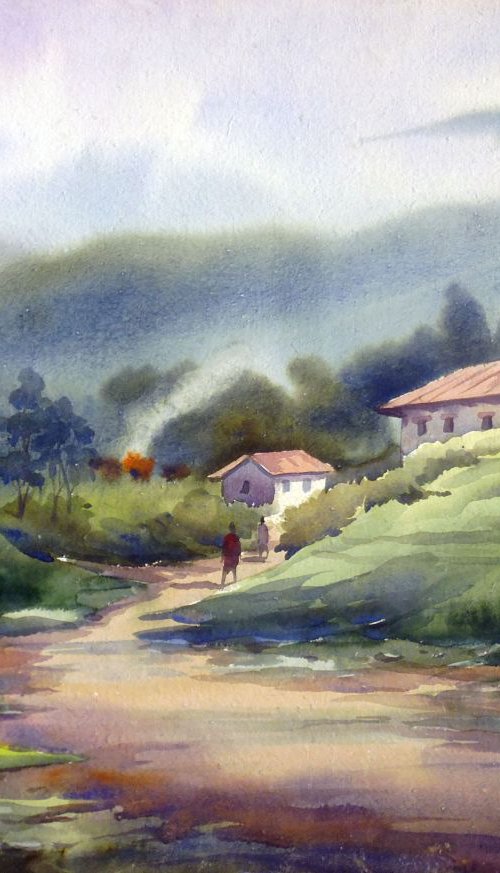 Mysterious Himalaya Landscape-Watercolor on Paper by Samiran Sarkar