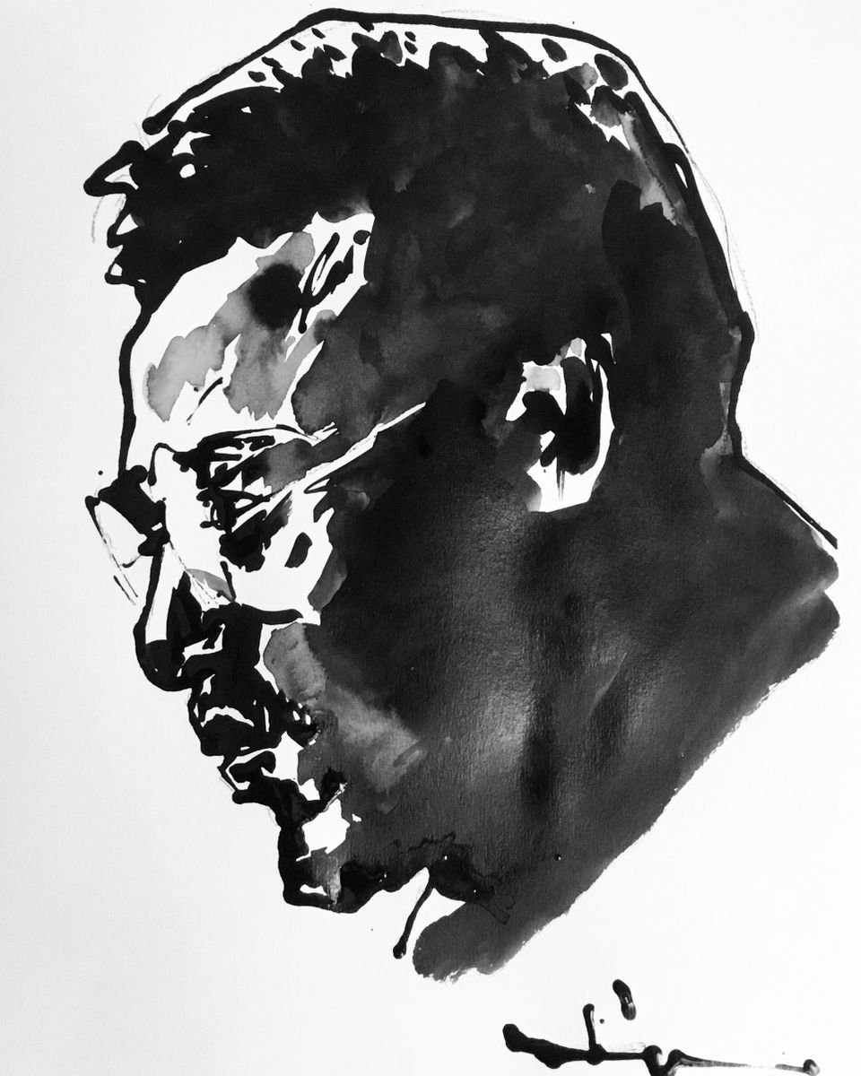 Expressive Portrait Acrylic Painting By Dominique Deve, 12 X 16, Profil 2, Original Artwork