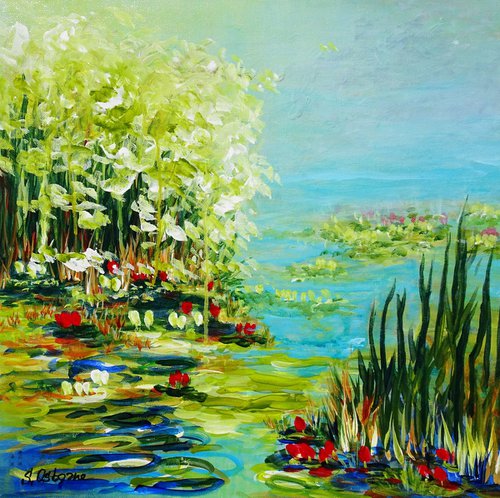 WATER LILY POND II. WATER REFLECTIONS.  Modern Impressionism inspired by Claude Monet Water-lilies by Sveta Osborne