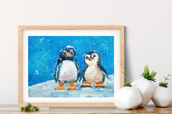 Penguin Couple Bird Small Artwork Snow Landscape